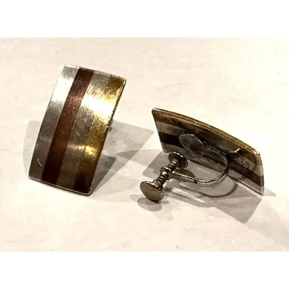 METALES CASADOS TAXCO 925 SILVER COPPER BRONZE BRUTALIST EARRINGS SCREWBACK MCM - Picture 3 of 7